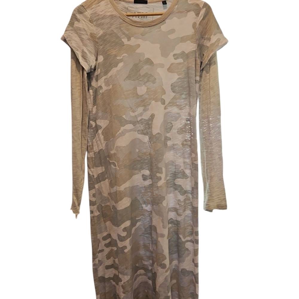 ATM SZ S Midi Grunge Camo Slub Jersey Crew Neck Long Sleeve Casual Shift Dress - Picture 2 of 16
